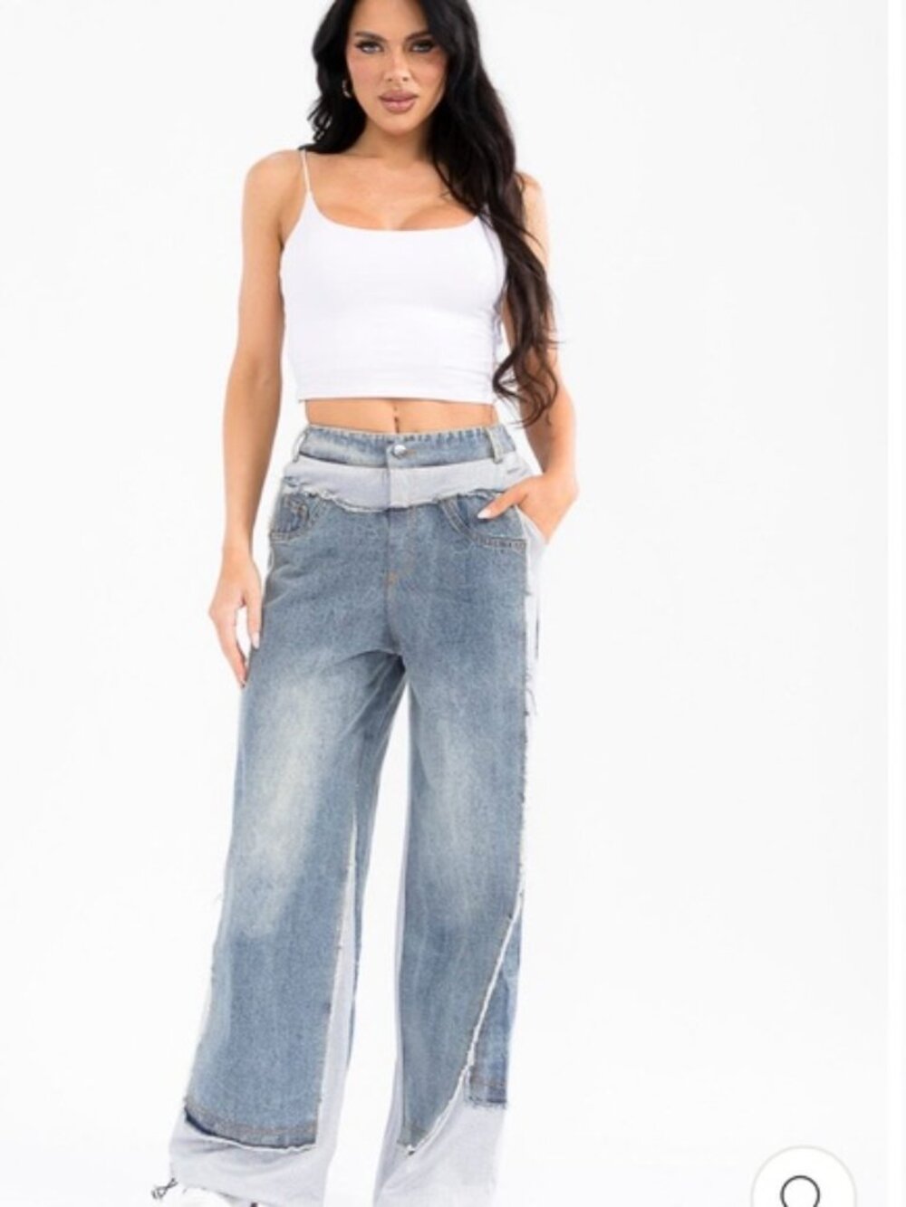 Wide-Leg Two-Tone Patchwork Jeans with Adjustable Jogger Bottom - Picture 4 of 9